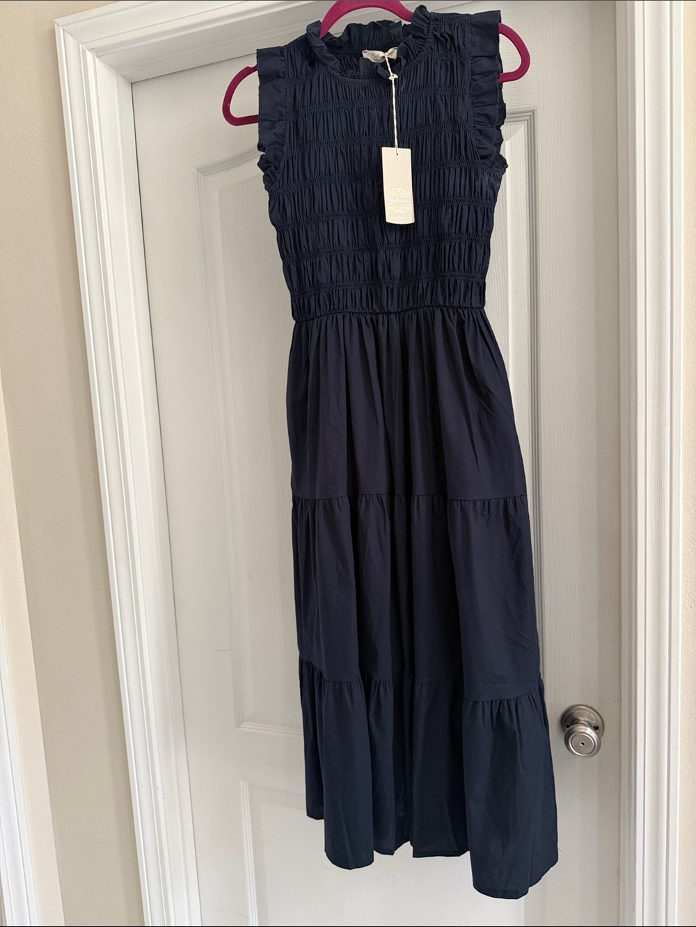 BELLAMI Navy Smocked Dress with Ruffle Detail & Pockets